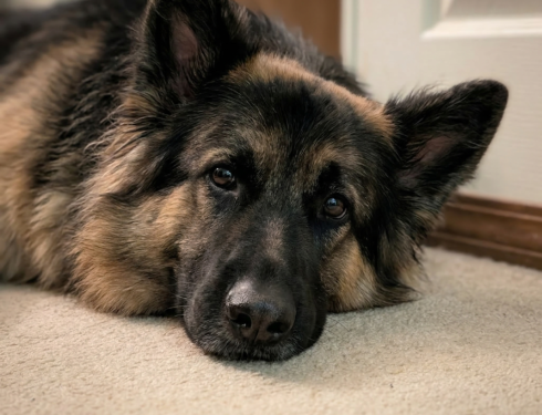 Long-haired German Shepherd lying calmly with soft eye contact showing trust and emotional bond with owner