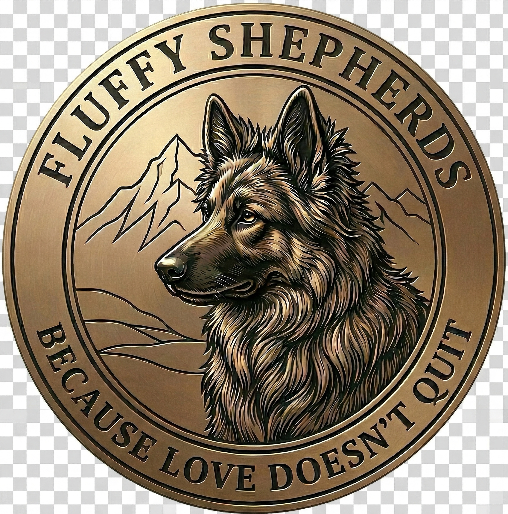 Fluffy Shepherds logo featuring a long-haired German Shepherd with mountain backdrop and the tagline “Because Love Doesn’t Quit