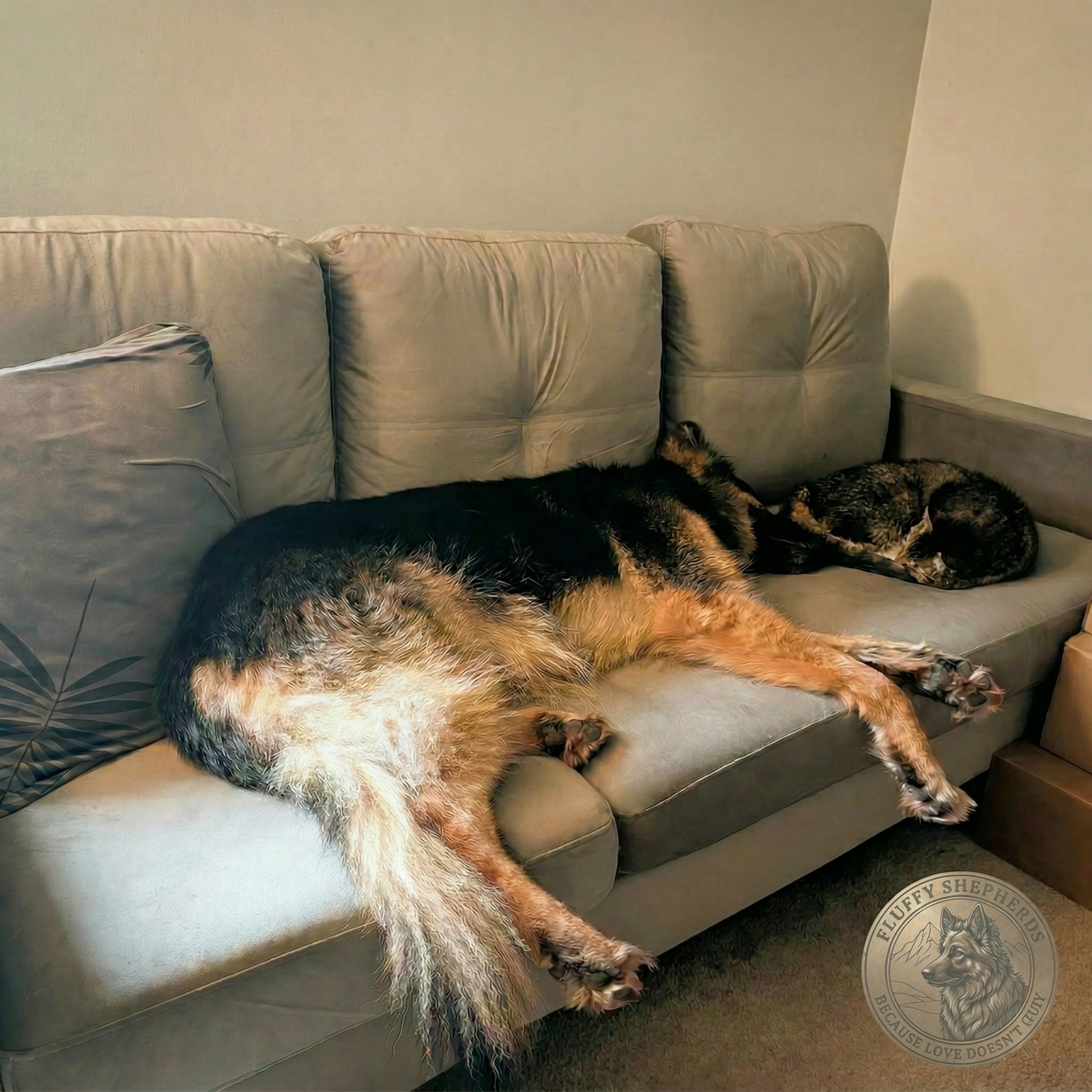 Long-haired German Shepherd and tabby cat resting calmly together on a couch, showing trust and peaceful coexistenc