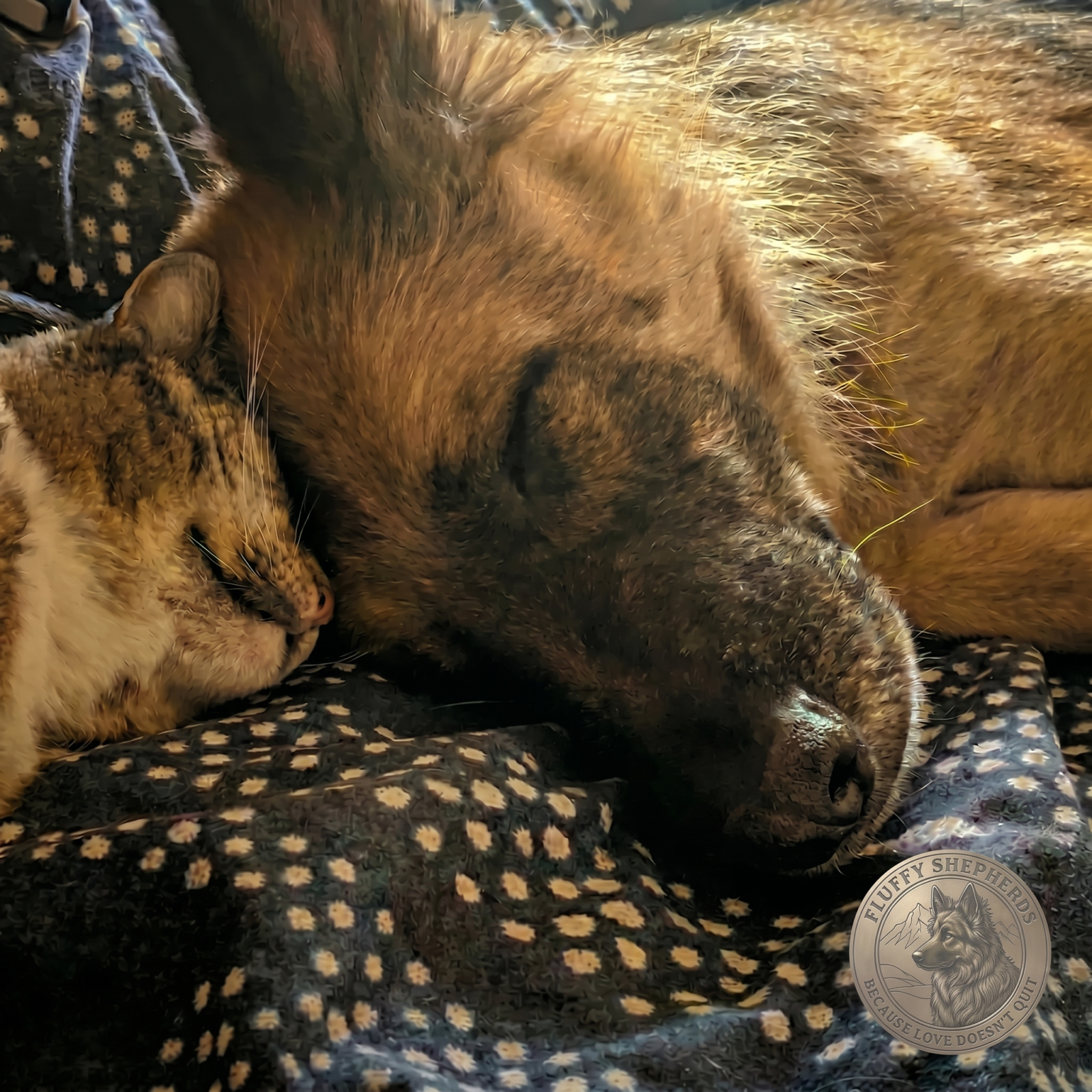 Long-haired German Shepherd behaviour and calm coexistence with cat in home environment